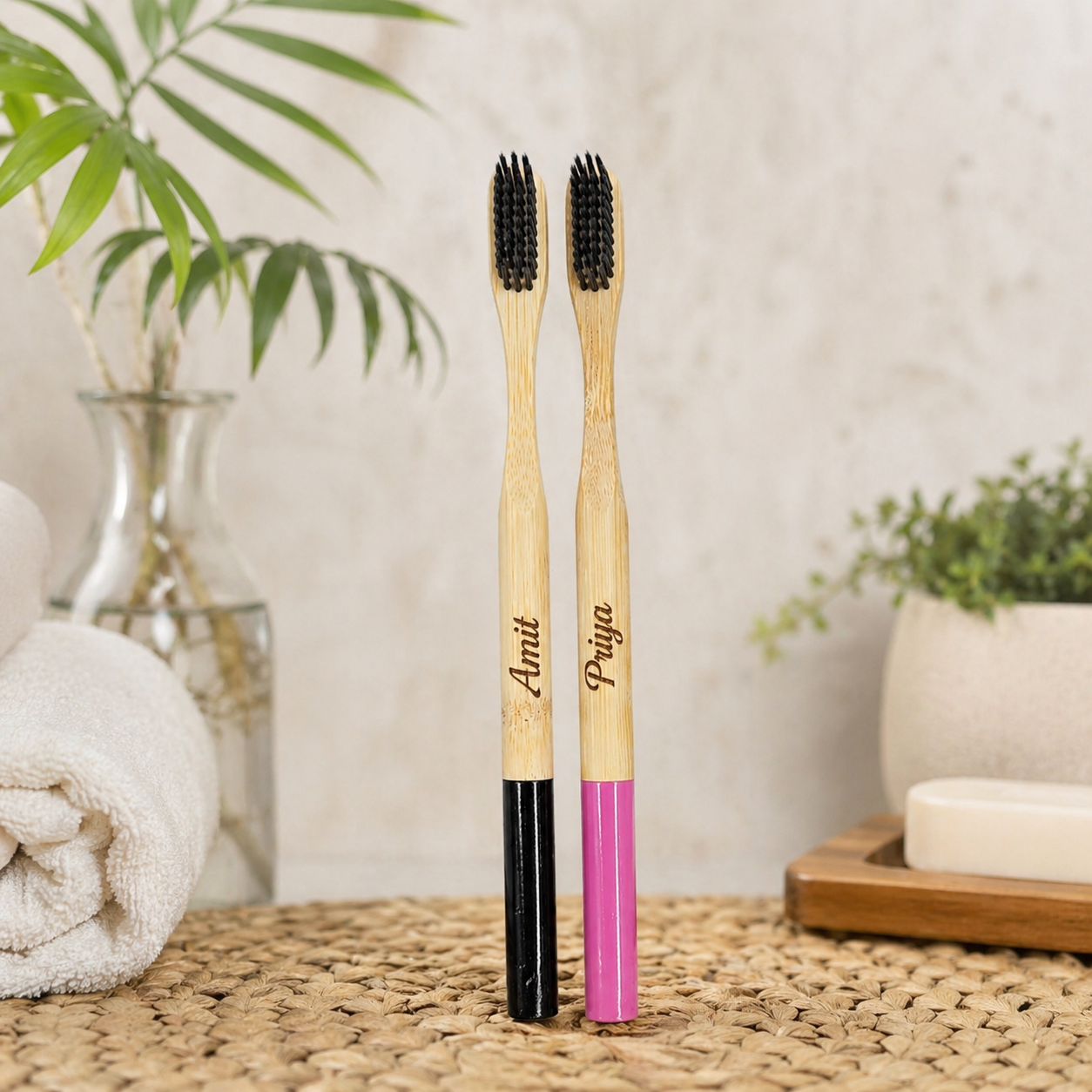 Bamboo ultra soft toothbrush - coloured rounded handle ( Pack of 2 )