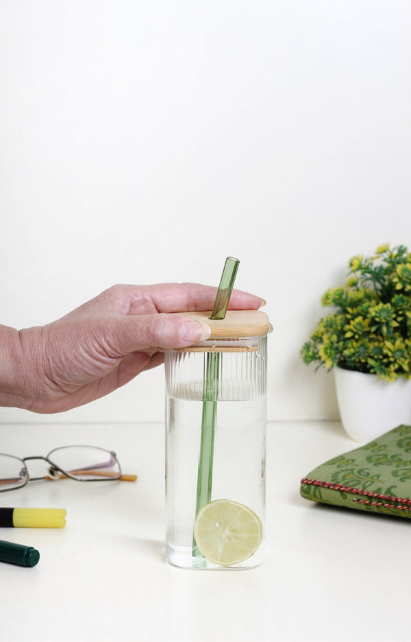 Stylish Glass Tumbler with Wooden Lid (410 ml)
