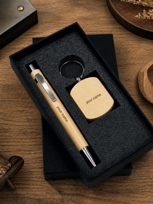 Personalized Wooden Pen & Keychain Gift Set with Premium Black Box | Custom Name Engraved Eco-Friendly Gift