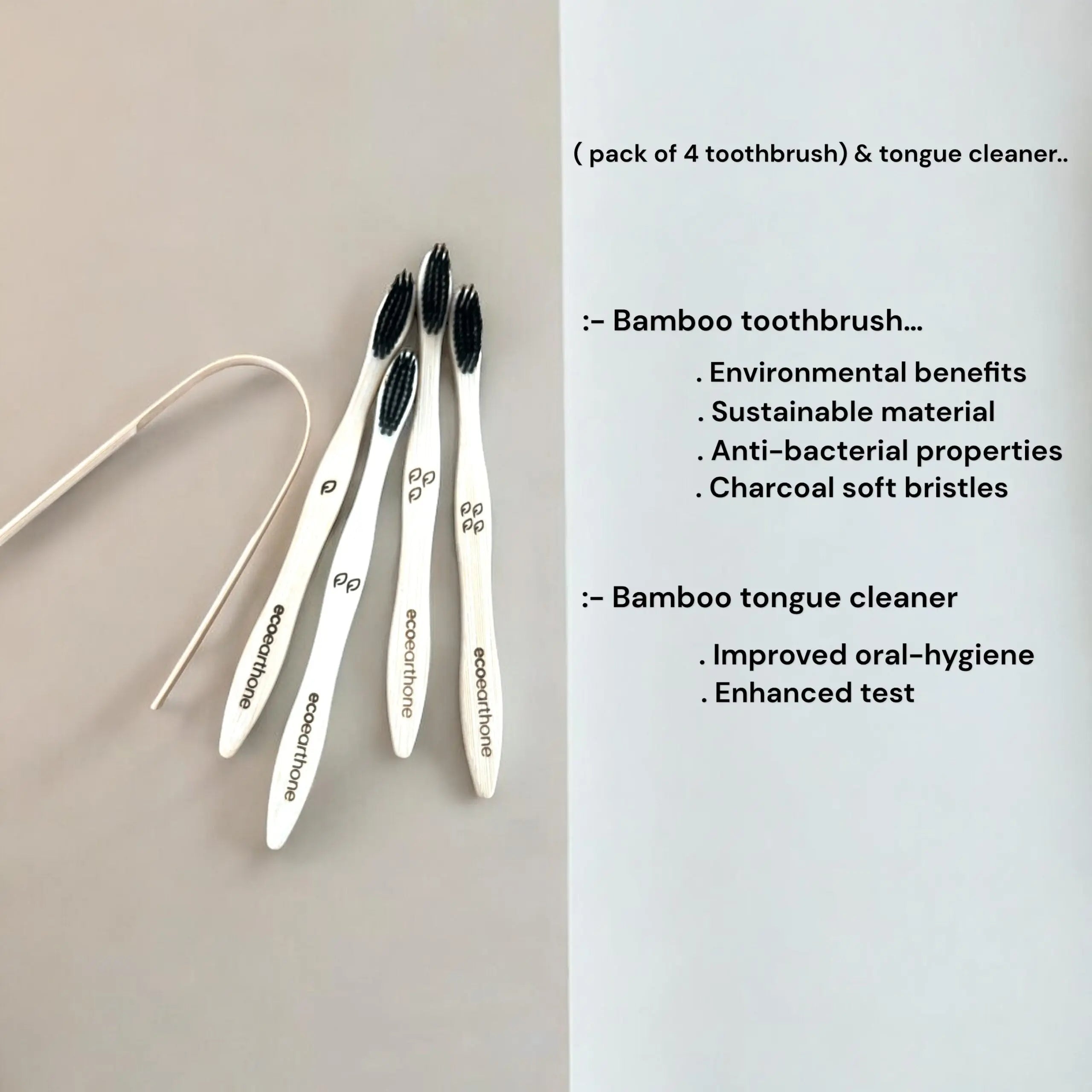 Bamboo Toothbrush & Tongue Cleaner – pack of 4 toothbrush and tongue cleaner EcoEarthOne